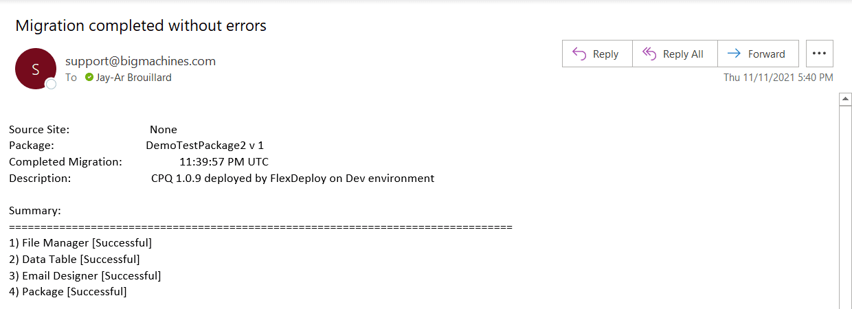 Email notification of completed migration