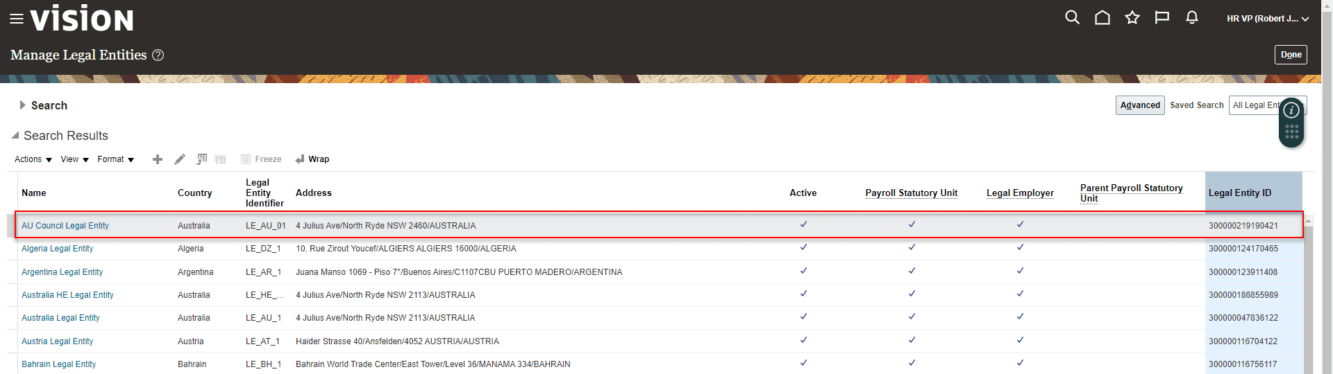 Manage Legal Entities Search