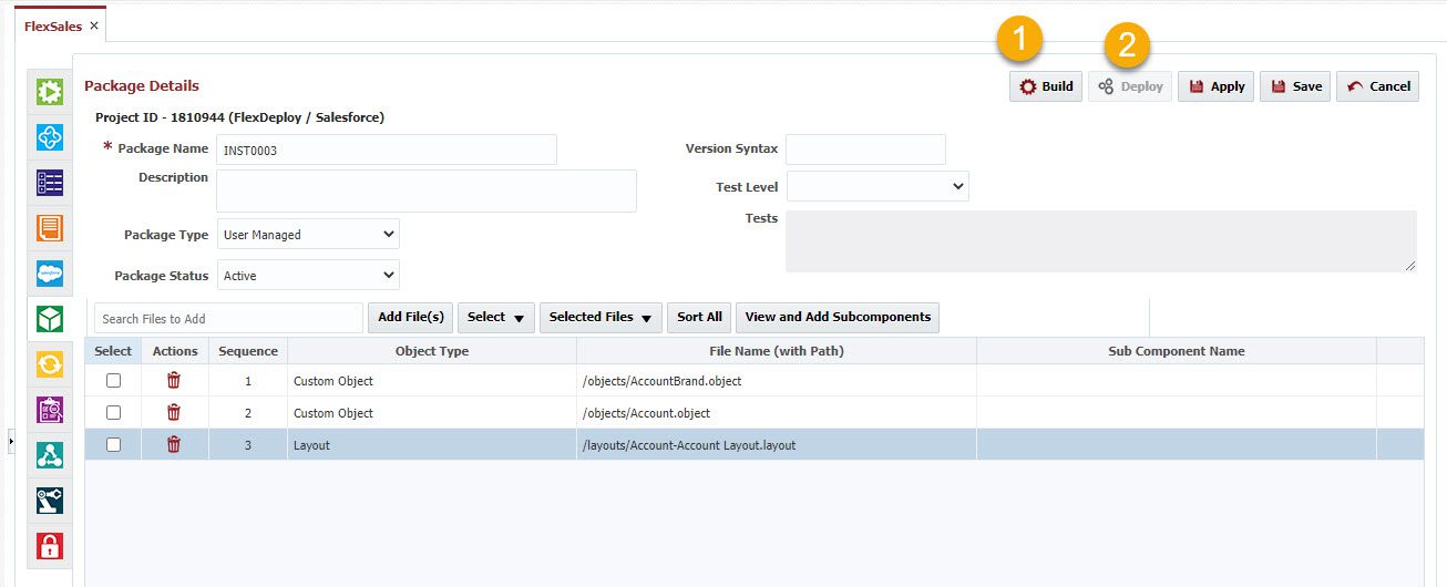 Build and Deploy buttons on the Package Details window