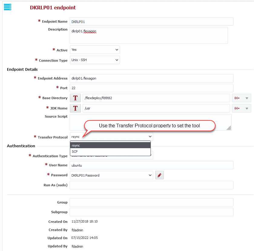 The Endpoint configuration screen now provides users with an option for the Transfer Protocol they wish to use: SCP or rsync.