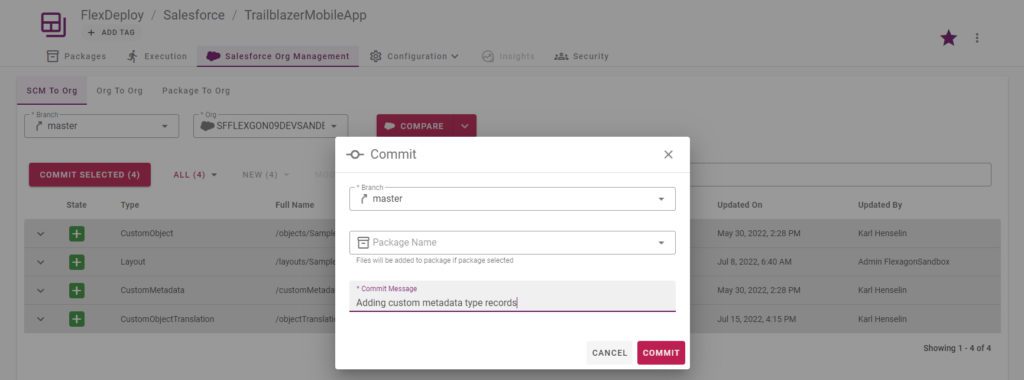 Give the package name to add committed files to the package.