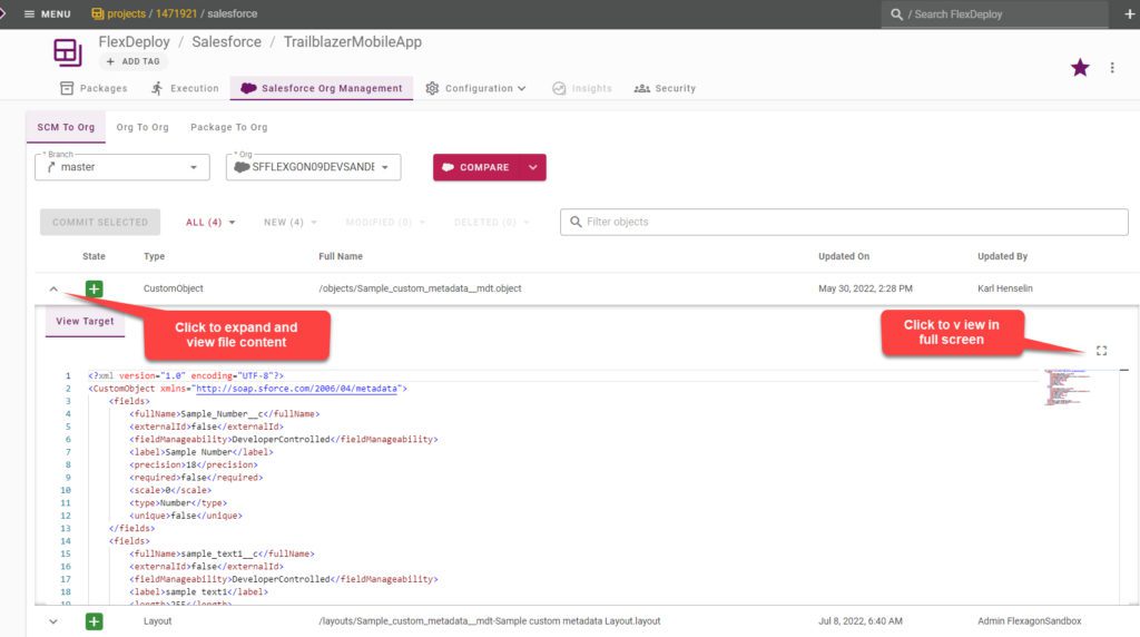 You can view the content of files in the package. If the file is modified you will see differences between the source and target file side by side to review.