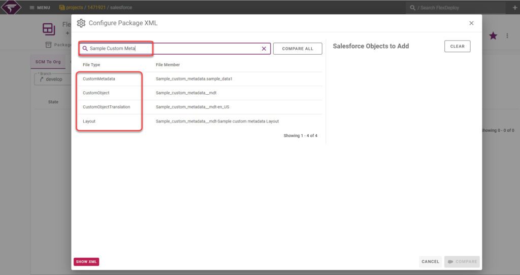 Search the Discovery Window to get all the related files of custom metadata and records as shown below.