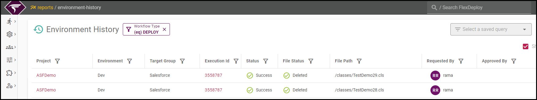 FlexDeploy tracks who deleted what, when, who approved, etc. for compliance and audit requirements.