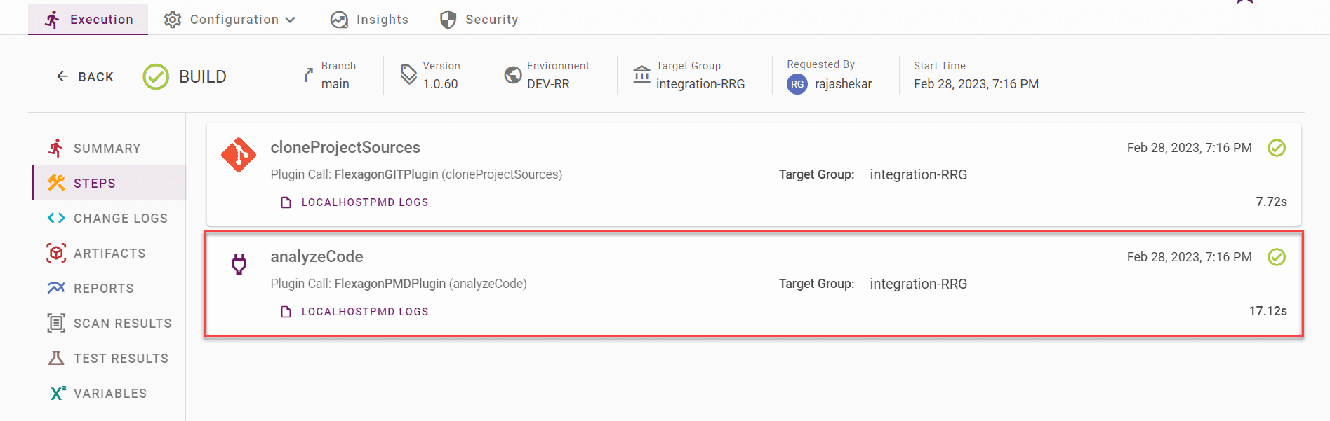 After the build execution completes, errors or non-compliant code from the to-be-deployed package are captured.