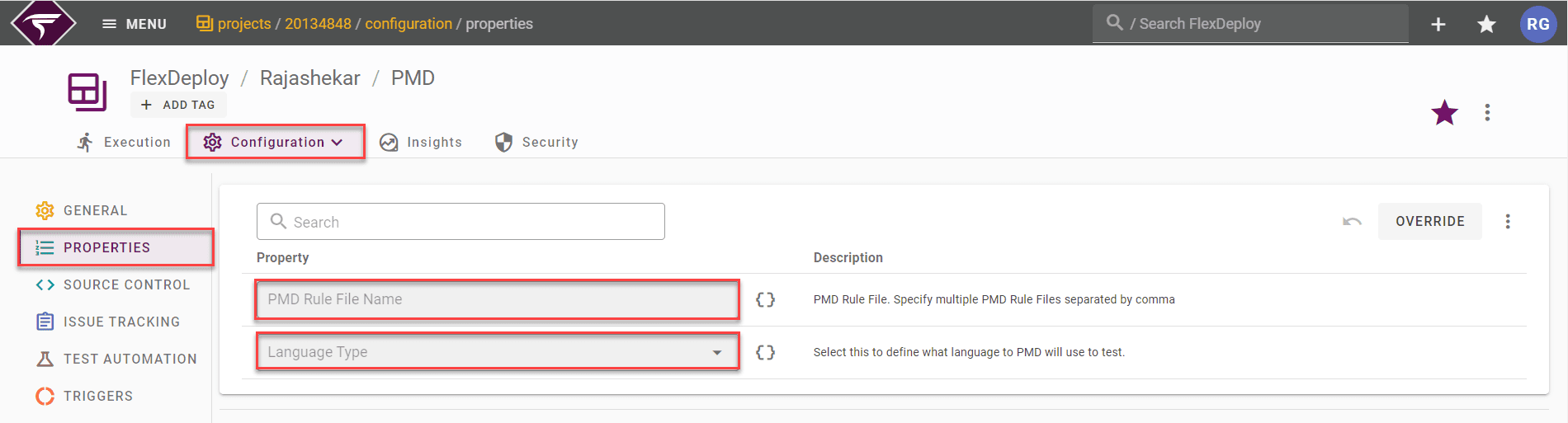 To use a default rule set, select a language on the properties configuration screen.