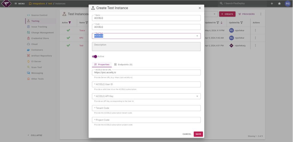 Easily add an ACCELQ test instance with guided setup. 